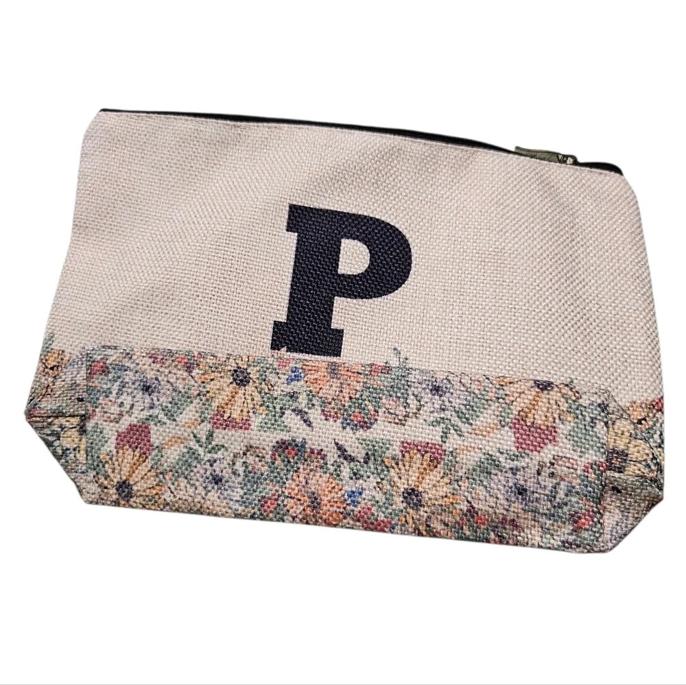 Floral Canvas Zip Pouch with Black “P” Monogram